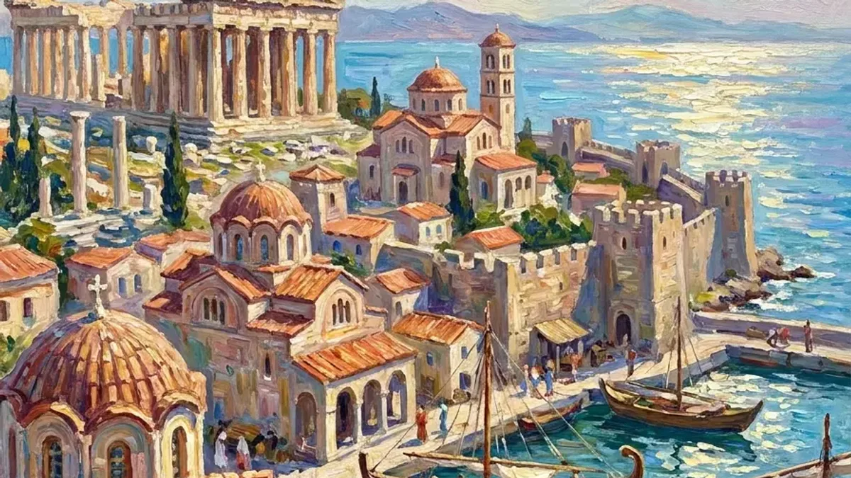Impressionist painting of a walled Byzantine port with ships and ruins