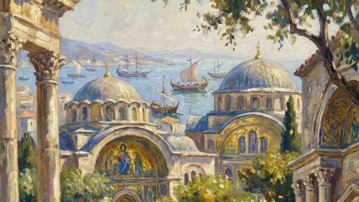 Impressionist painting of a Byzantine street with figures and columns