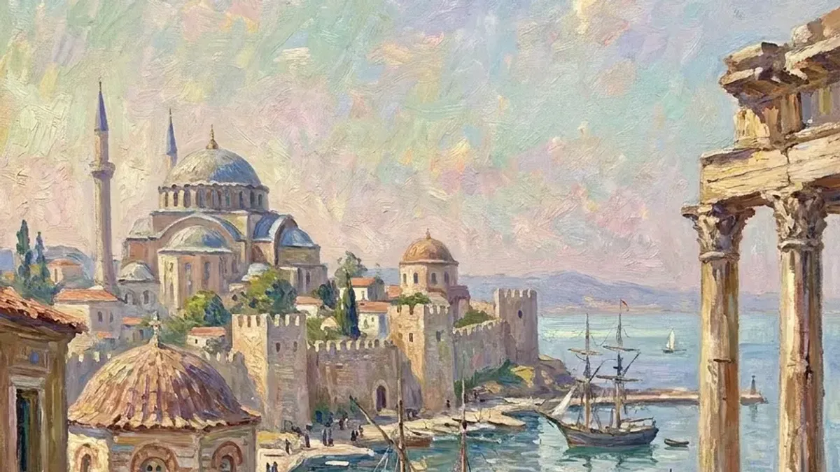 Impressionist painting of a Byzantine harbor with domes, ships, and ruins