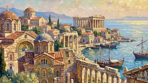 Impressionist aerial painting of a Byzantine coastal city unified under one view