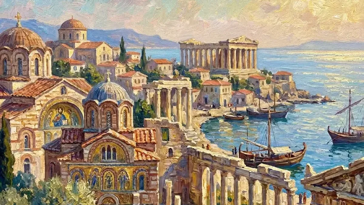 Impressionist aerial painting of a Byzantine coastal city unified under one view
