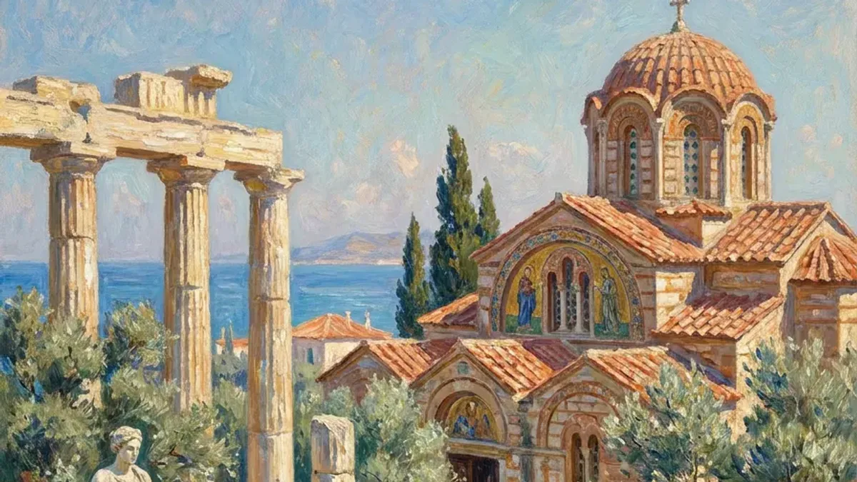 Impressionist painting of ancient columns beside a Byzantine church by the sea